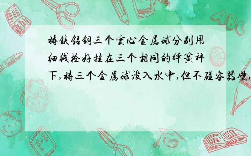 将铁铝铜三个实心金属球分别用细线拴好挂在三个相同的弹簧秤下,将三个金属球没入水中,但不碰容器壁,此时三只弹秤的示数相同,将三个金属球提出水面后静止,弹簧秤的度数相同吗哪个弹