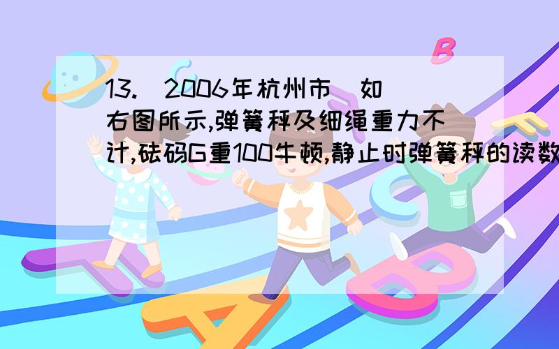 13.(2006年杭州市)如右图所示,弹簧秤及细绳重力不计,砝码G重100牛顿,静止时弹簧秤的读数为13．(2006年杭州市)如右图所示,弹簧秤及细绳重力不计,砝码G重100牛顿,静止时弹簧秤的读数为 A．200牛