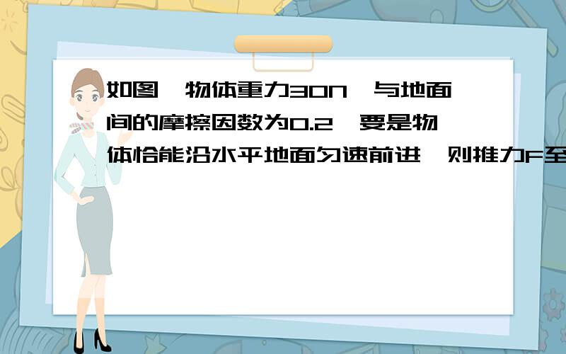 如图,物体重力30N,与地面间的摩擦因数为0.2,要是物体恰能沿水平地面匀速前进,则推力F至少多大?