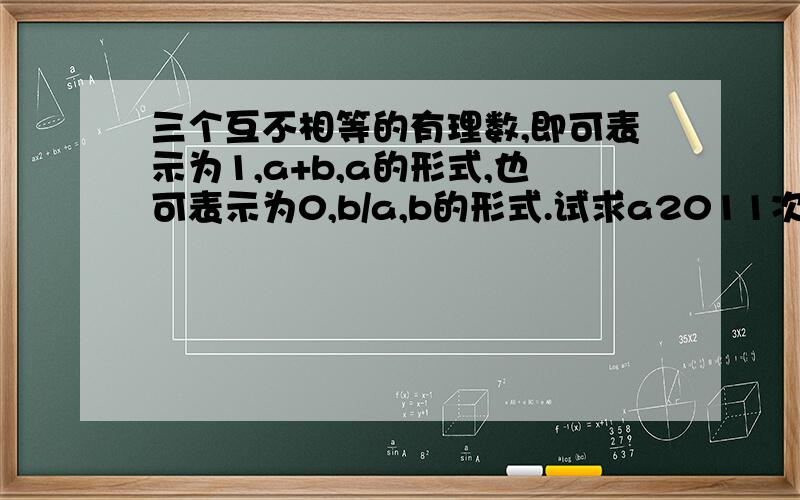 三个互不相等的有理数,即可表示为1,a+b,a的形式,也可表示为0,b/a,b的形式.试求a2011次方+b2012次方的值.