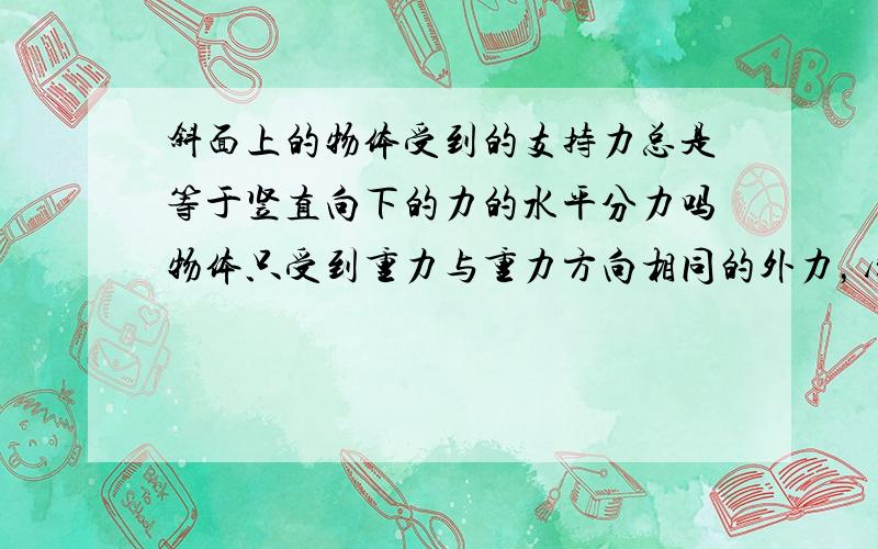 斜面上的物体受到的支持力总是等于竖直向下的力的水平分力吗物体只受到重力与重力方向相同的外力，摩擦力和支持力。且不一定平衡状态