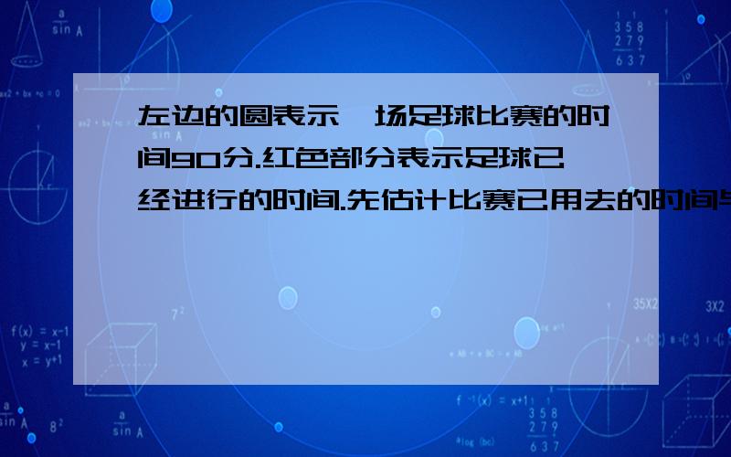 左边的圆表示一场足球比赛的时间90分.红色部分表示足球已经进行的时间.先估计比赛已用去的时间与剩余时间的比,再算出这场比赛大约还剩多少分.左边的圆比例是1:2这张图片