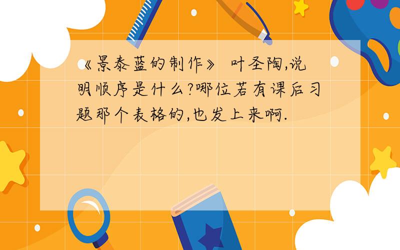 《景泰蓝的制作》 叶圣陶,说明顺序是什么?哪位若有课后习题那个表格的,也发上来啊.