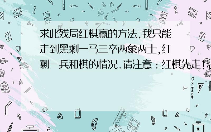 求此残局红棋赢的方法,我只能走到黑剩一马三卒两象两士,红剩一兵和棋的情况.请注意：红棋先走!思考后再回答!