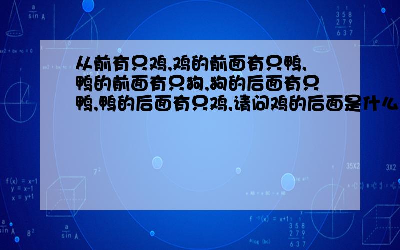 从前有只鸡,鸡的前面有只鸭,鸭的前面有只狗,狗的后面有只鸭,鸭的后面有只鸡,请问鸡的后面是什么?哈哈…猜一下