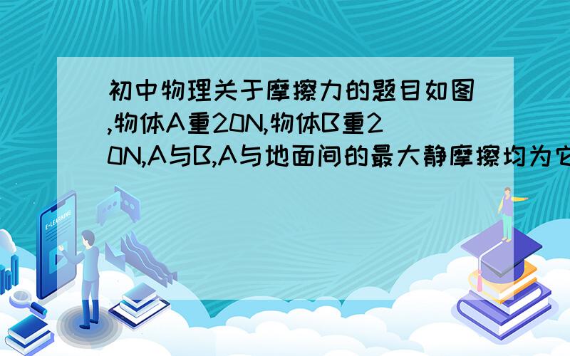 初中物理关于摩擦力的题目如图,物体A重20N,物体B重20N,A与B,A与地面间的最大静摩擦均为它们相互压力的0.4倍,B与墙壁用绳相连,但此时绳子对B无拉力,当用水平力F=20N向右拉A时,求（1）A物体受