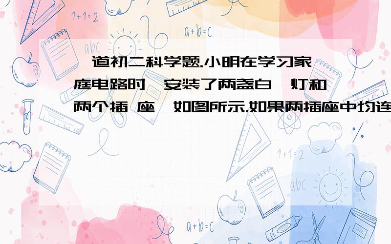 一道初二科学题.小明在学习家庭电路时,安装了两盏白炽灯和两个插 座,如图所示.如果两插座中均连入家用电器,且将电路中的 开关全部闭合,那么各用电器工作的情况是 A．甲、乙、丙、丁都