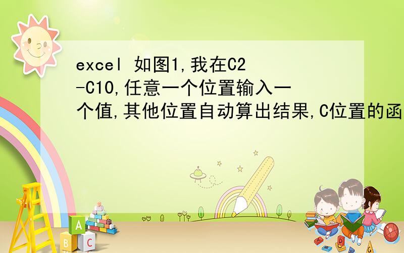 excel 如图1,我在C2-C10,任意一个位置输入一个值,其他位置自动算出结果,C位置的函数应该怎么写?图2,C1-C100的结果,函数自动切换C1=A1/(B1-C1）直到Cx=AX/(BX-CX),以上两个,