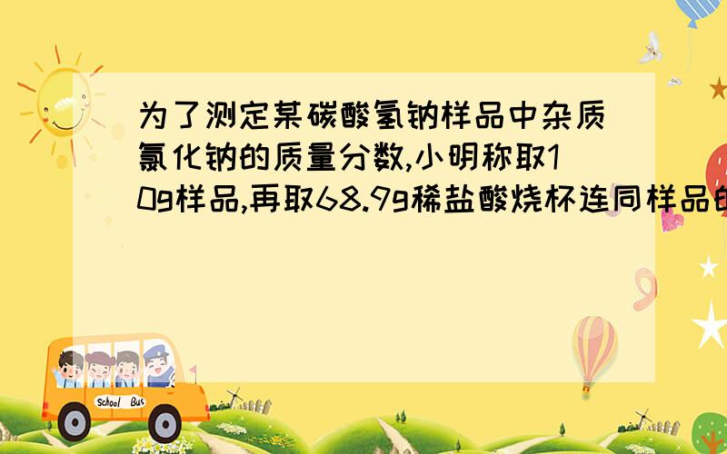 为了测定某碳酸氢钠样品中杂质氯化钠的质量分数,小明称取10g样品,再取68.9g稀盐酸烧杯连同样品的起始总质量为165g,将药品和稀盐酸都放入烧杯中,恰好完全反应,反应后称得烧杯连同药品的