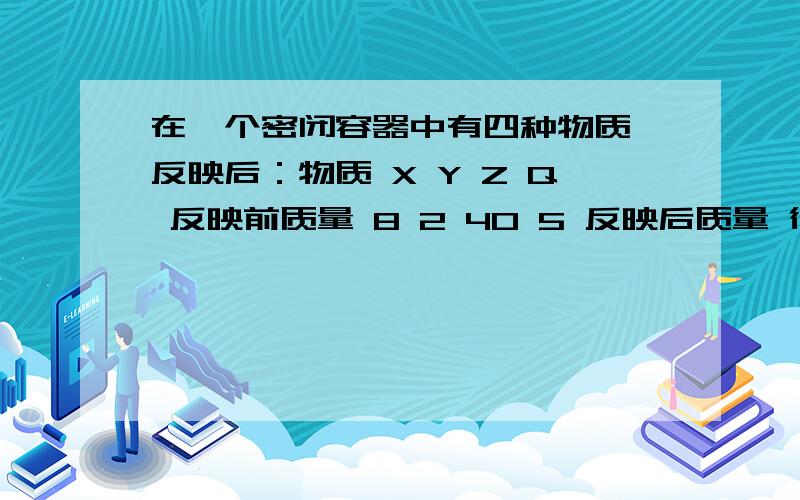 在一个密闭容器中有四种物质,反映后：物质 X Y Z Q 反映前质量 8 2 40 5 反映后质量 待测 24 8 23下列说法正确的是：A,该反应一定是置换反应B.Y、Q的相对分子质量比一定为11：9C.参加反应的X、Z