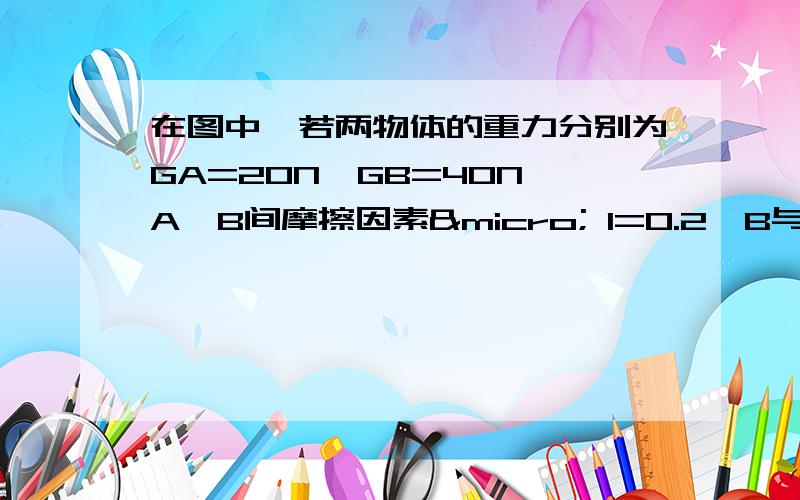 在图中,若两物体的重力分别为GA=20N,GB=40N,A,B间摩擦因素µ 1=0.2,B与地面摩擦因素µ 2=0.4,用力作用在B上后,A,B间,B与地面间都发生了相对滑动,求各接触面间摩擦力的大小.