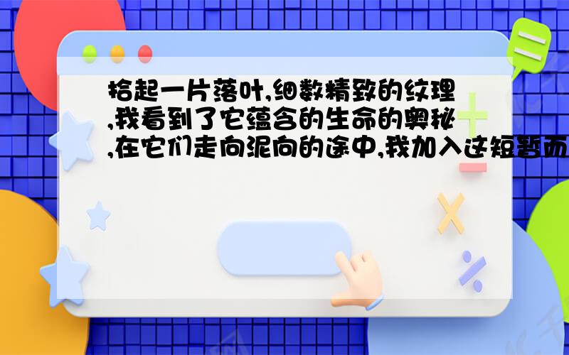 拾起一片落叶,细数精致的纹理,我看到了它蕴含的生命的奥秘,在它们走向泥向的途中,我加入这短暂而别有深和上面连上意的的仪式.这星面的它指什么；仪式指什么