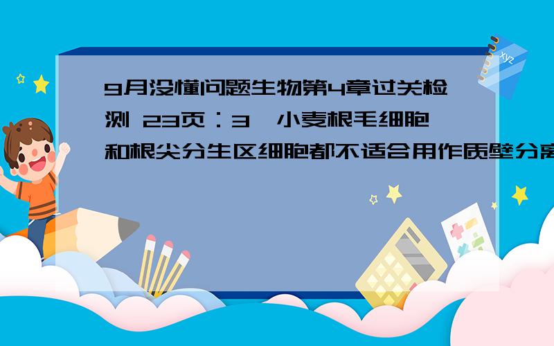 9月没懂问题生物第4章过关检测 23页：3,小麦根毛细胞和根尖分生区细胞都不适合用作质壁分离和复原实验,主要理由是A 前者没有细胞壁,后者没有中央大液泡B 前者没有中央大液泡,后者没有