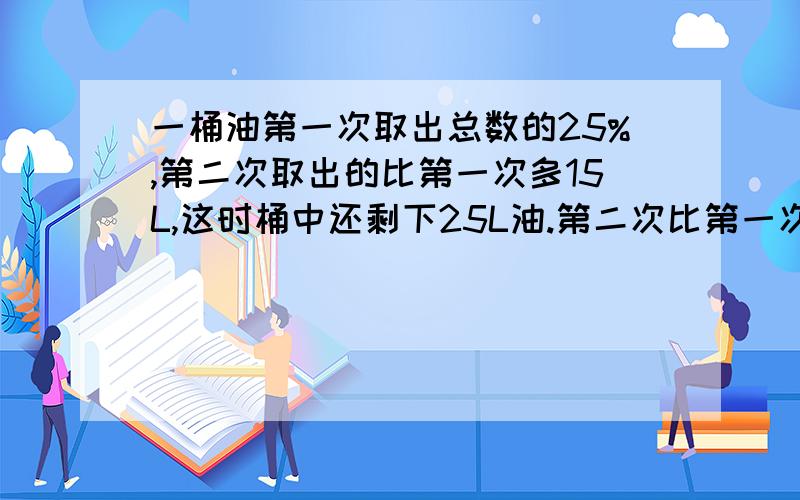 一桶油第一次取出总数的25%,第二次取出的比第一次多15L,这时桶中还剩下25L油.第二次比第一次多取了百分之一桶油第一次取出总数的25%,第二次取出的比第一次多15L,这时桶中还剩下25L油。第