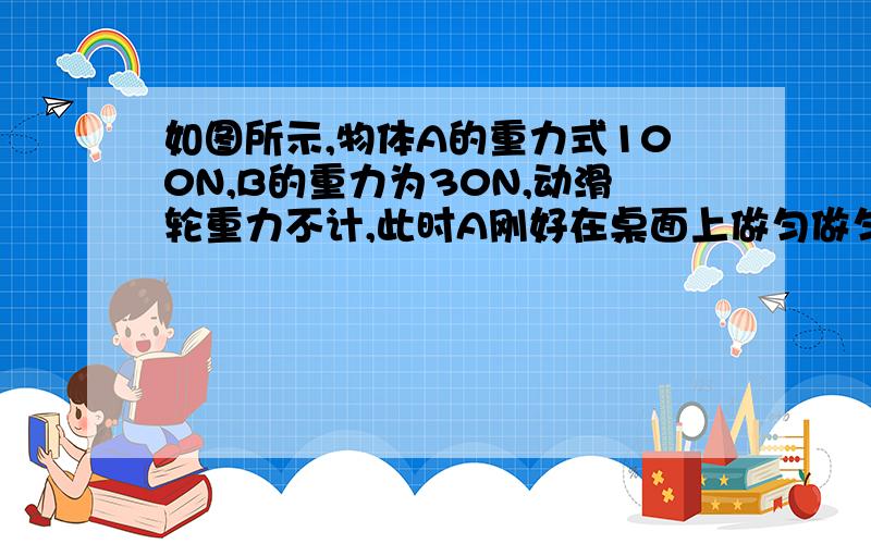 如图所示,物体A的重力式100N,B的重力为30N,动滑轮重力不计,此时A刚好在桌面上做匀做匀速直线运动，则桌面和物体间的摩擦力为？