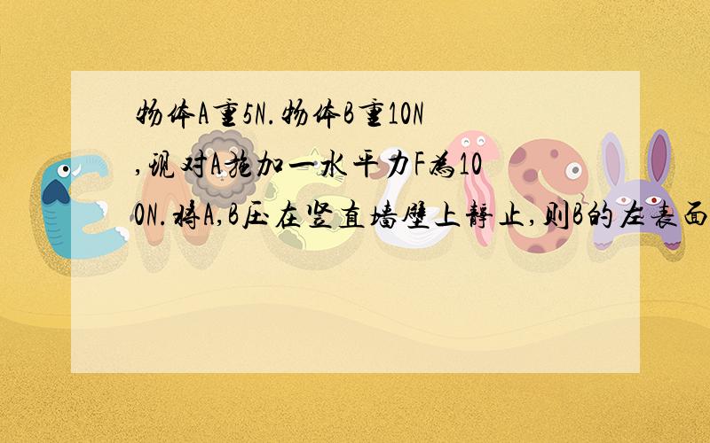 物体A重5N.物体B重10N,现对A施加一水平力F为100N.将A,B压在竖直墙壁上静止,则B的左表面积所受的静摩擦力的大小和方向为A在竖直方向上受重力、摩擦力而处于静止状态,故A所受摩擦力应等于重