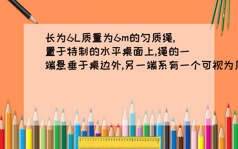 长为6L质量为6m的匀质绳,置于特制的水平桌面上,绳的一端悬垂于桌边外,另一端系有一个可视为质点的质量为M的木块,如图所示.木块在AB段与桌面无摩擦,在BE段与桌面有摩擦,匀质绳与桌面的摩