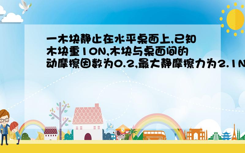 一木块静止在水平桌面上,已知木块重10N,木块与桌面间的动摩擦因数为0.2,最大静摩擦力为2.1N,求:(1) 用1.5N的力水平拉木块是,木块受摩擦力大小.(2)要使木块由静止开始运动,至少要用多大的水