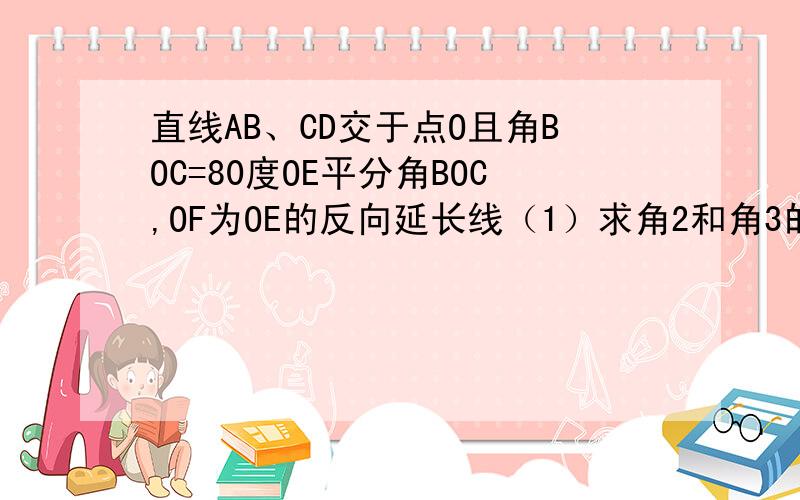 直线AB、CD交于点O且角BOC=80度OE平分角BOC,OF为OE的反向延长线（1）求角2和角3的度数（2）OF平分角AOD吗