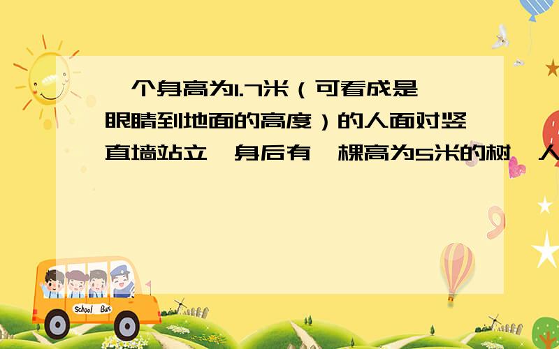 一个身高为1.7米（可看成是眼睛到地面的高度）的人面对竖直墙站立,身后有一棵高为5米的树,人到墙和人到树的距离相等,在墙面上挂一面镜子,为了使人能从镜子中看到树的最高点,则平面镜