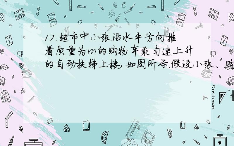 17．超市中小张沿水平方向推着质量为m的购物车乘匀速上升的自动扶梯上楼,如图所示．假设小张、购物车、自动扶梯间保持相对静止,自动扶梯的倾角为30o,小张的质量为M,小张与扶梯间的摩