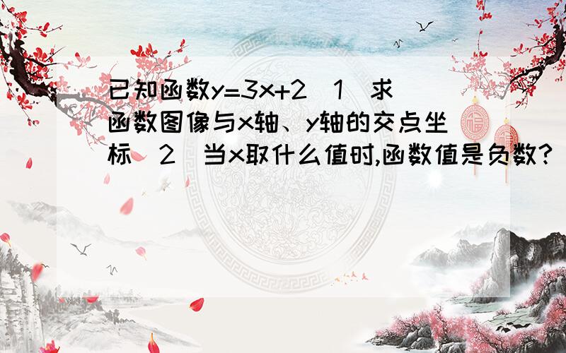 已知函数y=3x+2(1)求函数图像与x轴、y轴的交点坐标（2）当x取什么值时,函数值是负数?（3）试判断点A（—2,—4）,B(1,—3）是否在该函数图像上