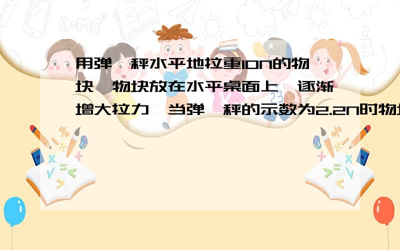 用弹簧秤水平地拉重10N的物块,物块放在水平桌面上,逐渐增大拉力,当弹簧秤的示数为2.2N时物块开始滑动,为维持物块匀速运动,以后拉力只需2.0N.则物块与桌面间的最大静摩擦力为__________N,物