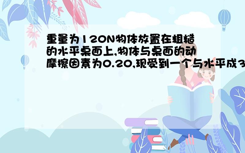 重量为120N物体放置在粗糙的水平桌面上,物体与桌面的动摩擦因素为0.20,现受到一个与水平成30°角斜向下的推力作用,则要使物体A做匀速直线运动的推力大小为多少