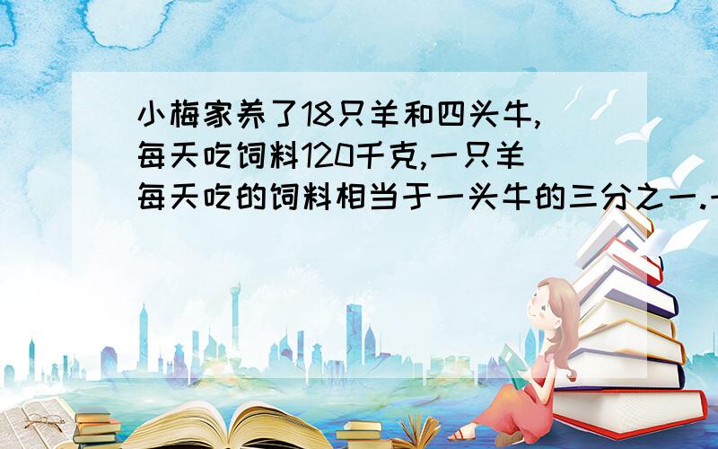 小梅家养了18只羊和四头牛,每天吃饲料120千克,一只羊每天吃的饲料相当于一头牛的三分之一.一只羊和一头牛每天分别吃多少千克饲料?