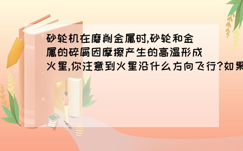 砂轮机在磨削金属时,砂轮和金属的碎屑因摩擦产生的高温形成火星,你注意到火星沿什么方向飞行?如果砂轮的半径是10cm,转速是1080r/min,火星刚飞出时的速度是多少?砂轮上半径为5cm处质点的角