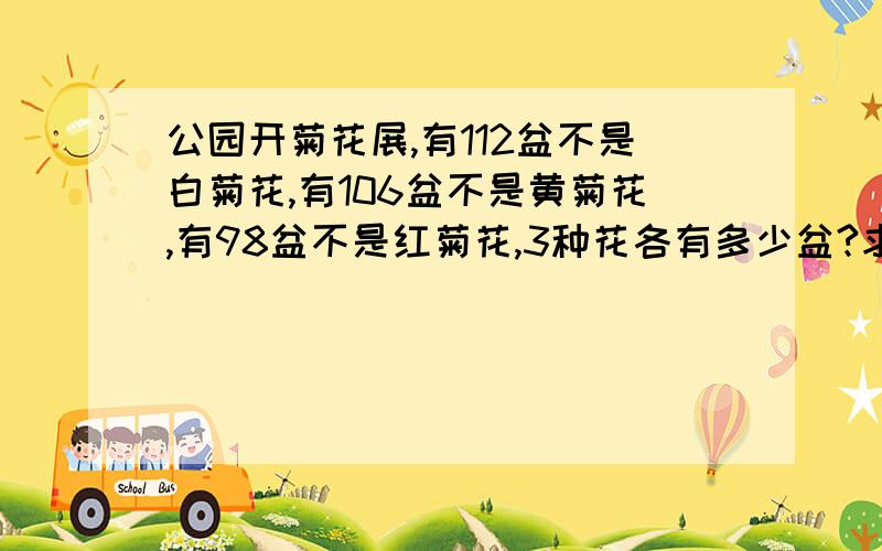 公园开菊花展,有112盆不是白菊花,有106盆不是黄菊花,有98盆不是红菊花,3种花各有多少盆?求算式我才3年级,求这个结果的算式不是公式!满意给50.