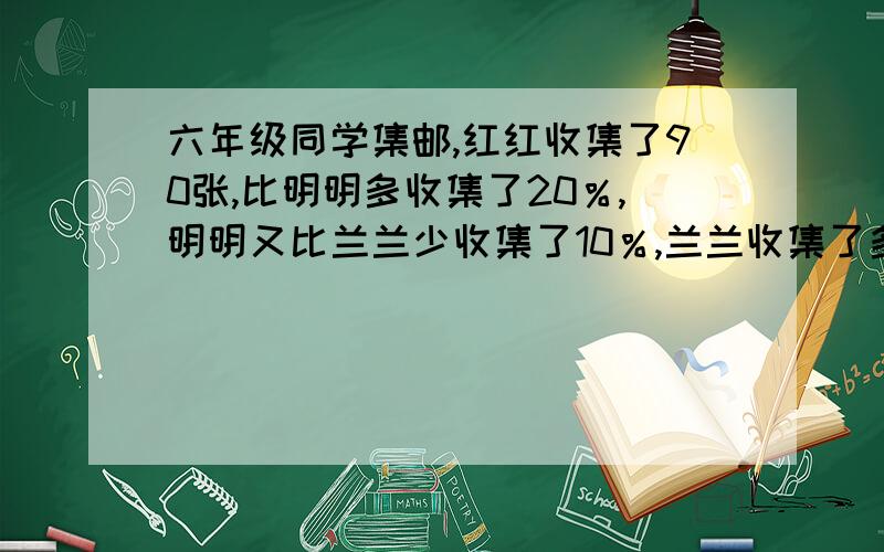 六年级同学集邮,红红收集了90张,比明明多收集了20％,明明又比兰兰少收集了10％,兰兰收集了多少张邮票