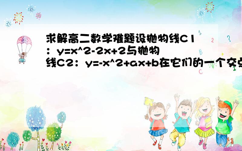 求解高二数学难题设抛物线C1：y=x^2-2x+2与抛物线C2：y=-x^2+ax+b在它们的一个交点处的切线互相垂直.（1）求a、b之间的关系；（2）若a>0,b>0,求a*b的最大值麻烦把步骤写下,谢谢也可以用链接形式