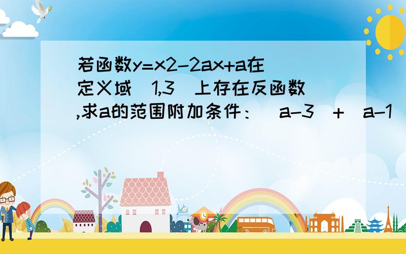 若函数y=x2-2ax+a在定义域[1,3]上存在反函数,求a的范围附加条件：|a-3|+|a-1|小于等于4