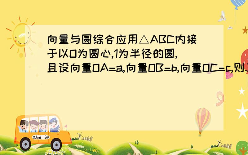 向量与圆综合应用△ABC内接于以O为圆心,1为半径的圆,且设向量OA=a,向量OB=b,向量OC=c,则3a+4b+5c=0,求数量积a·b,b·c,c·a以及△ABC的面积.