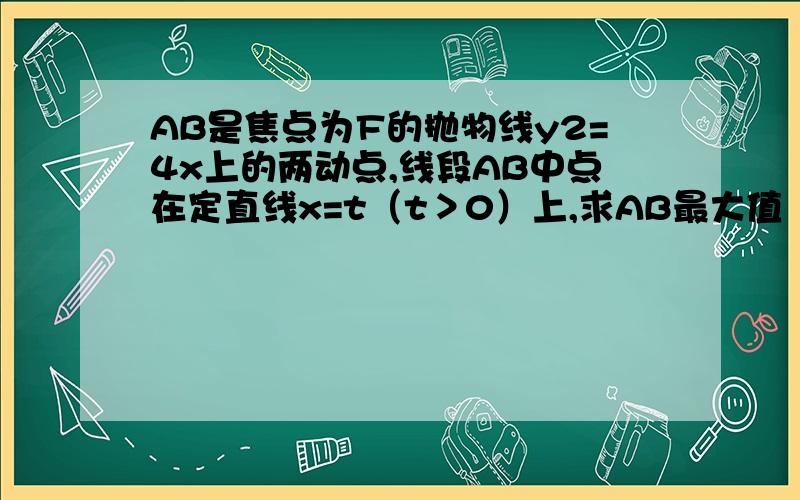 AB是焦点为F的抛物线y2=4x上的两动点,线段AB中点在定直线x=t（t＞0）上,求AB最大值