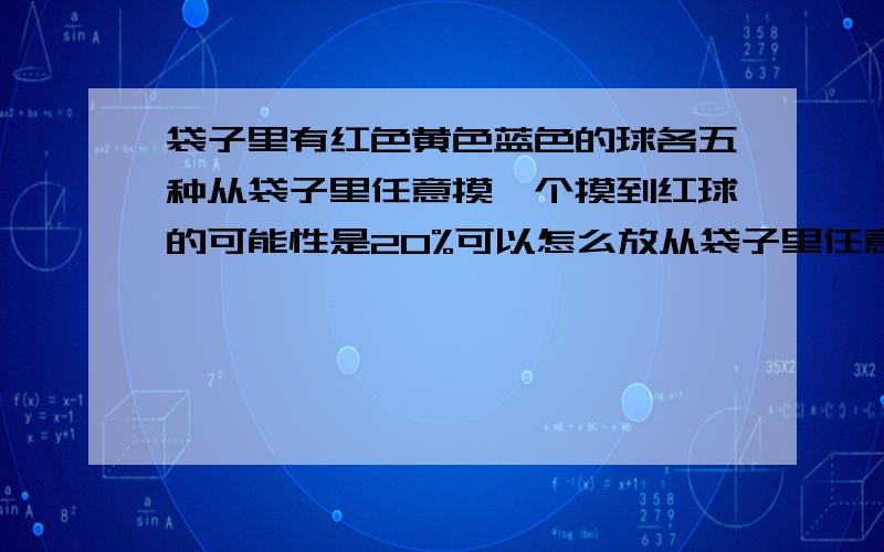 袋子里有红色黄色蓝色的球各五种从袋子里任意摸一个摸到红球的可能性是20%可以怎么放从袋子里任意摸一个球摸到黄球的可能性是50%怎么放从袋子里任意摸一个球摸到篮球的可能性是80%怎