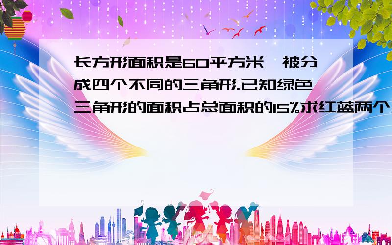 长方形面积是60平方米,被分成四个不同的三角形.已知绿色三角形的面积占总面积的15%求红蓝两个三角形的面积和黄色三角形的面积.