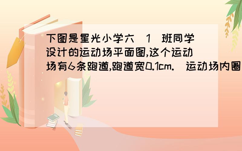 下图是星光小学六（1）班同学设计的运动场平面图,这个运动场有6条跑道,跑道宽0.1cm.（运动场内圈中间为长方形,两端分别为半圆）1.这个运动场最内侧跑道的内沿长多少米?2.这个运动场占地