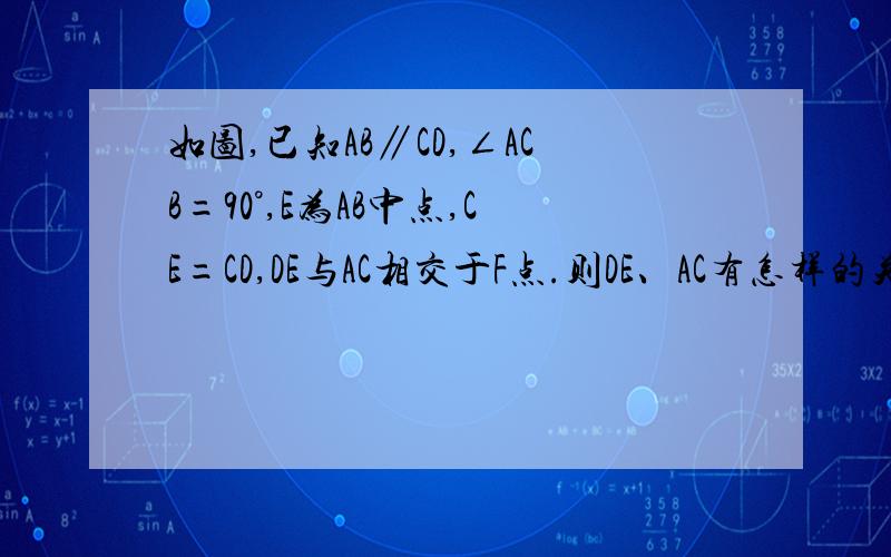 如图,已知AB∥CD,∠ACB=90°,E为AB中点,CE=CD,DE与AC相交于F点.则DE、AC有怎样的关系?说明理由.