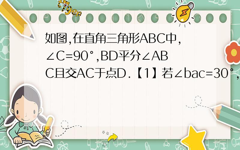 如图,在直角三角形ABC中,∠C=90°,BD平分∠ABC且交AC于点D.【1】若∠bac=30°,则AD=BD,试说明理由.【2】请找出线段CD与AD的等量关系.