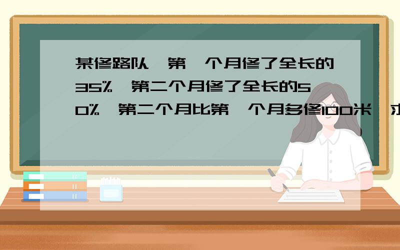 某修路队,第一个月修了全长的35%,第二个月修了全长的50%,第二个月比第一个月多修100米,求路的全长.要用方程解