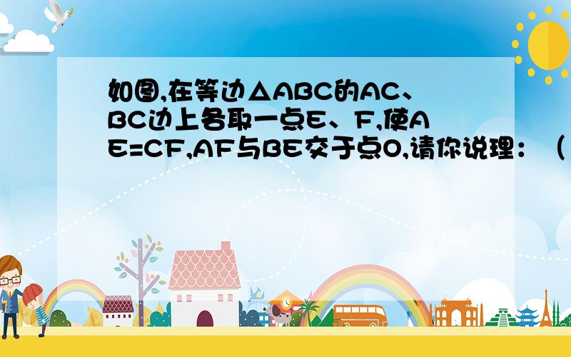 如图,在等边△ABC的AC、BC边上各取一点E、F,使AE=CF,AF与BE交于点O,请你说理：（1）△ABE全等于△CAF（2）∠ABE=∠CAF（3）∠BOF=60°