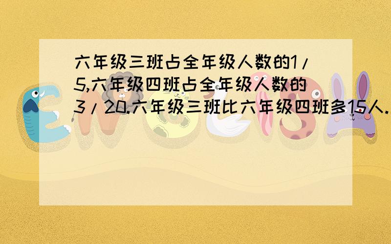 六年级三班占全年级人数的1/5,六年级四班占全年级人数的3/20.六年级三班比六年级四班多15人.怎么算?