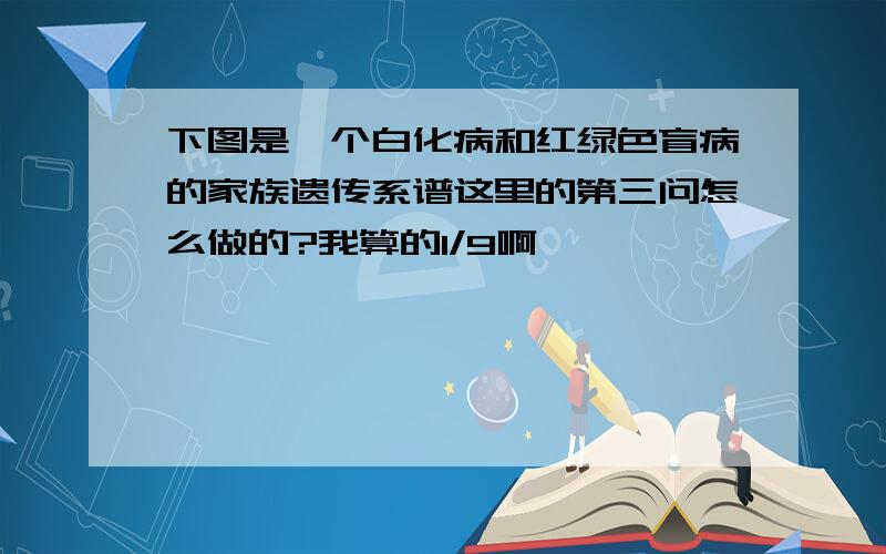 下图是一个白化病和红绿色盲病的家族遗传系谱这里的第三问怎么做的?我算的1/9啊