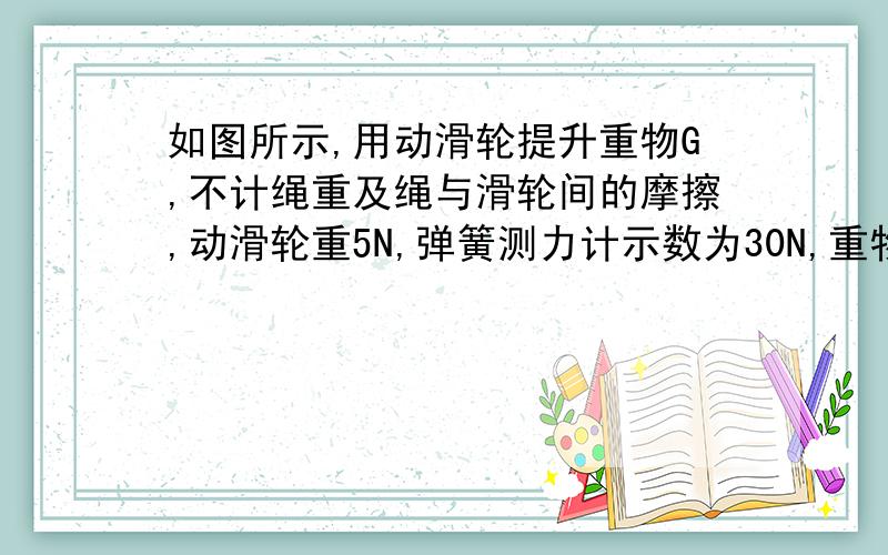 如图所示,用动滑轮提升重物G,不计绳重及绳与滑轮间的摩擦,动滑轮重5N,弹簧测力计示数为30N,重物上升0.6m,则拉力F=_____N,重物G=______N,绳子移动的距离s=_____m.