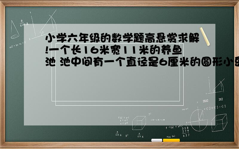 小学六年级的数学题高悬赏求解!一个长16米宽11米的养鱼池 池中间有一个直径是6厘米的圆形小岛（1）这个小岛的面积是多少平方米?         （2）养鱼池的池水是多少平方米?2.一个圆形游乐场