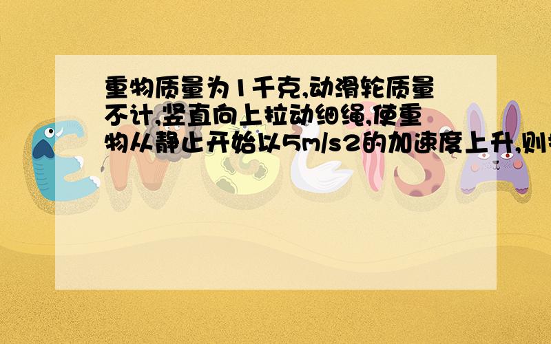 重物质量为1千克,动滑轮质量不计,竖直向上拉动细绳,使重物从静止开始以5m/s2的加速度上升,则拉力F在1s末的瞬时功率