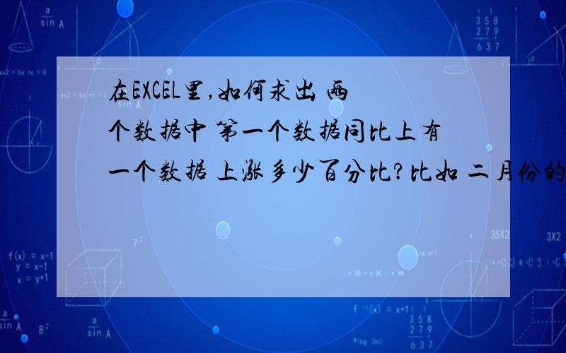 在EXCEL里,如何求出 两个数据中 第一个数据同比上有一个数据 上涨多少百分比?比如 二月份的数据比一月份的数据结果 总比上涨百分之多少的……