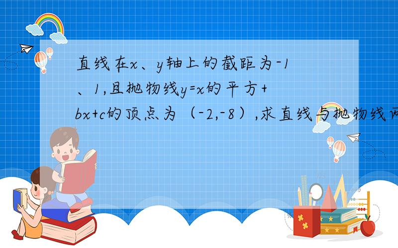 直线在x、y轴上的截距为-1、1,且抛物线y=x的平方+bx+c的顶点为（-2,-8）,求直线与抛物线两个交点的横坐标的平方和